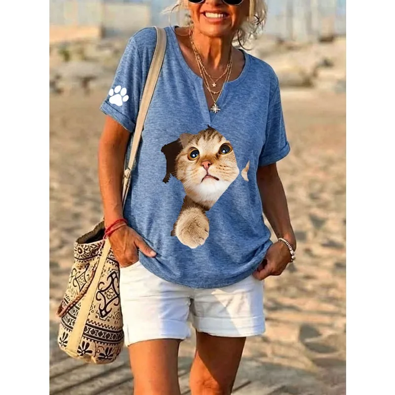 ilstile Women's Lovely Cat Print T-Shirts Summer Short Sleeve Casual Loose V Neck Tops Tees Hot Sale