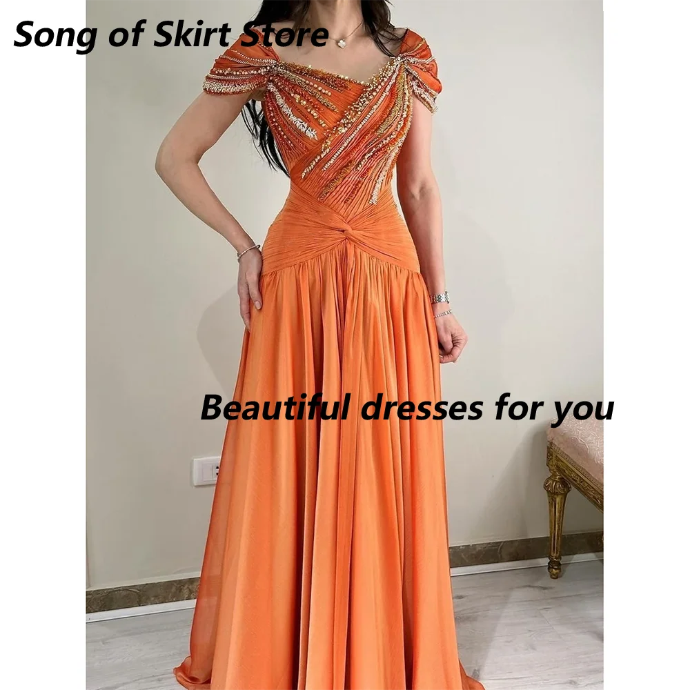 

Orange Evening Dress Off Shoulder Pleated Beadings Floor Length A Line Party Gown Prom Dress Vestidos De Novia Customized