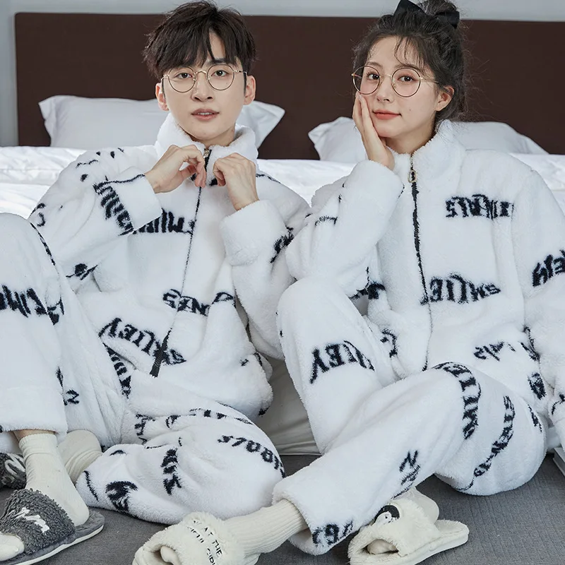 Couple Pajamas Set Autumn Winter Flannel Long Sleeve Zipper Long Plush Sleepwear Suit Men Nightcloth Thick Velvet Thermal Women