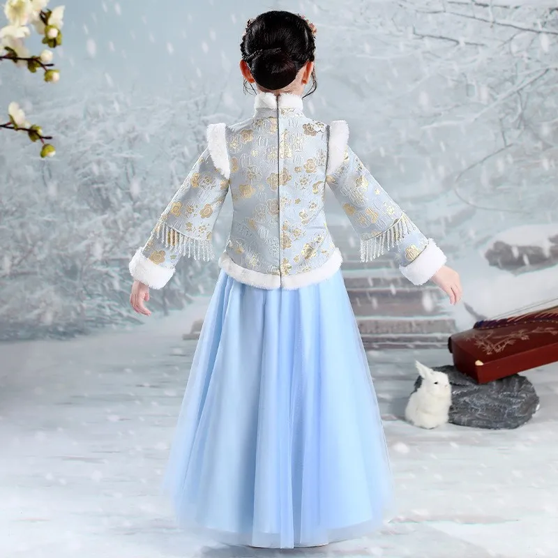 2022 Winter New Kids Embroider Hanfu Dresses Girls Chinese New Year Clothing Flower Girl Dress For Chinese Wedding Evening