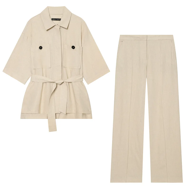 

Women's Mid Waist Pants Set New 2026 Spring 2 Piece Set Pocket Button Jacket with Belt+Straight Legs Trousers Female Outfit