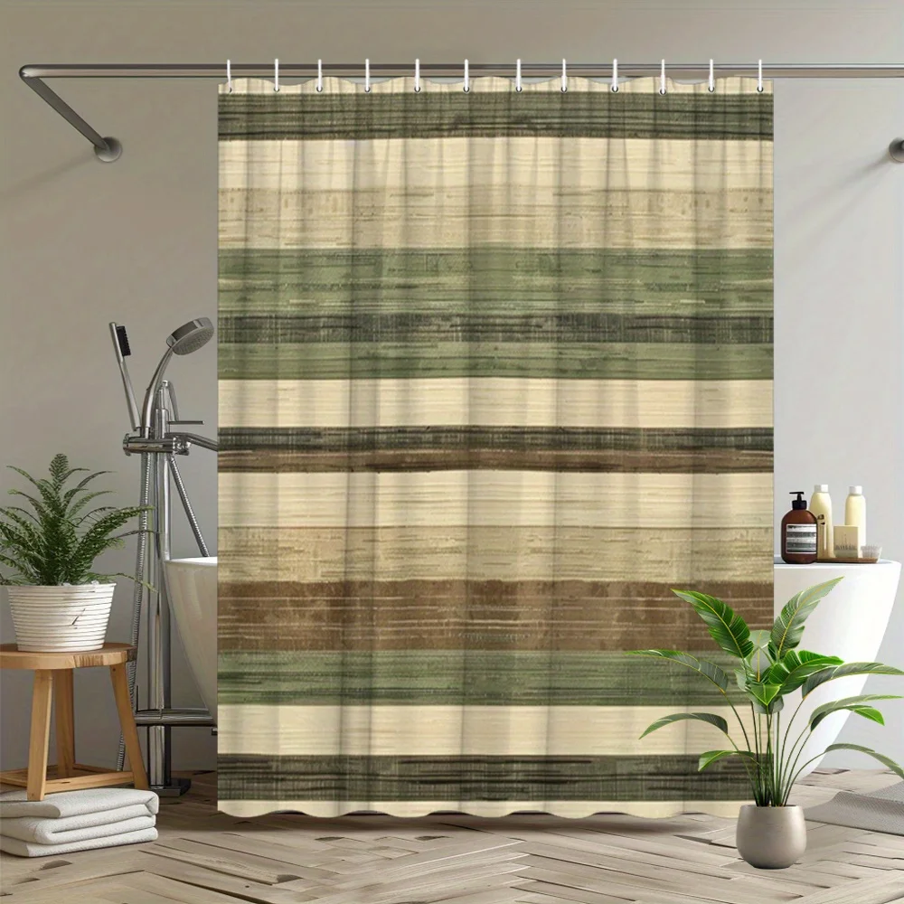 1pc Earth Tone Stripes Shower Curtain - Beige, Green, Brown Horizontal Lines Modern Bathroom Decor with 12 Hooks, 70.8x70.8 Inch