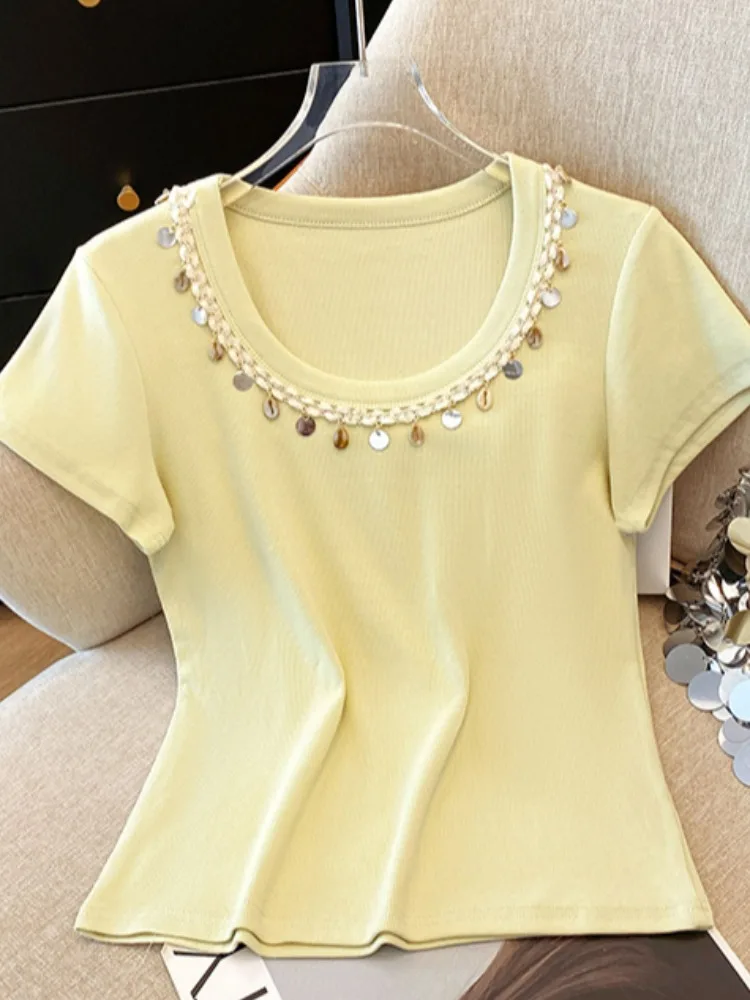 

Heavy Embellied ort Sve round Ne T-irt Women's Summer Slim Fit ort Length Top Korean Sle Commute Faion