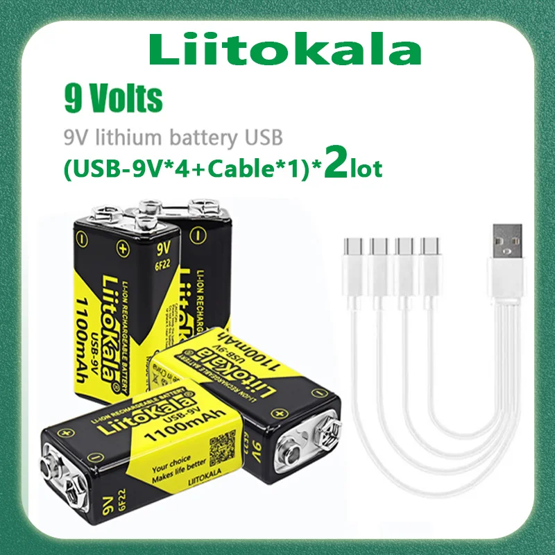 Liitokala แบตเตอรี่ Li-ion แบตเตอรี่แบบชาร์จไฟได้ Type-C 9V 1100mAh สำหรับของเล่นไมโครโฟนมัลติมิเตอร์ + สาย USB