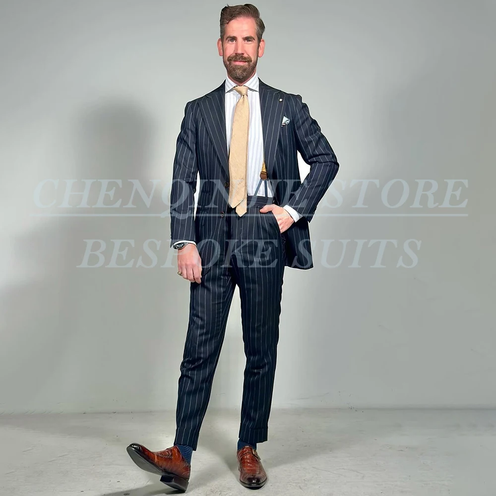 الأزرق الداكن الرجال الدعاوى أنيقة واحدة الصدر الشق التلبيب سليم صالح 2 قطعة سترة السراويل مجموعات عالية الجودة تجهيزات الملابس الذكور #1