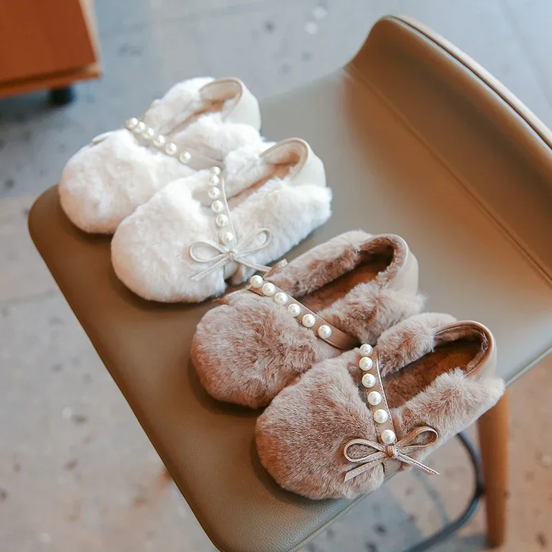 Toddler Girls Winter Furry Flat Shoes Pearl Bow Elastic Strap Warm Plush Princess Dress Shoes