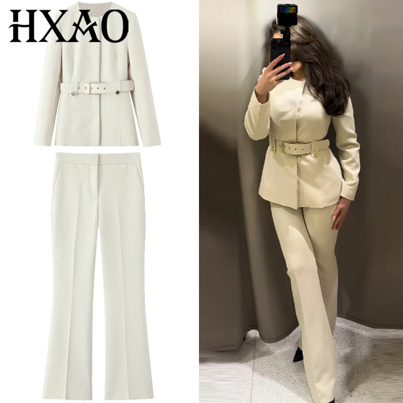 

HXAO женский пиджак белый пиджак женский элегантный длинный рукав с поясом приталенный пиджак шикарный пошив городской пиджак Mujer комплекты брюк-клеш