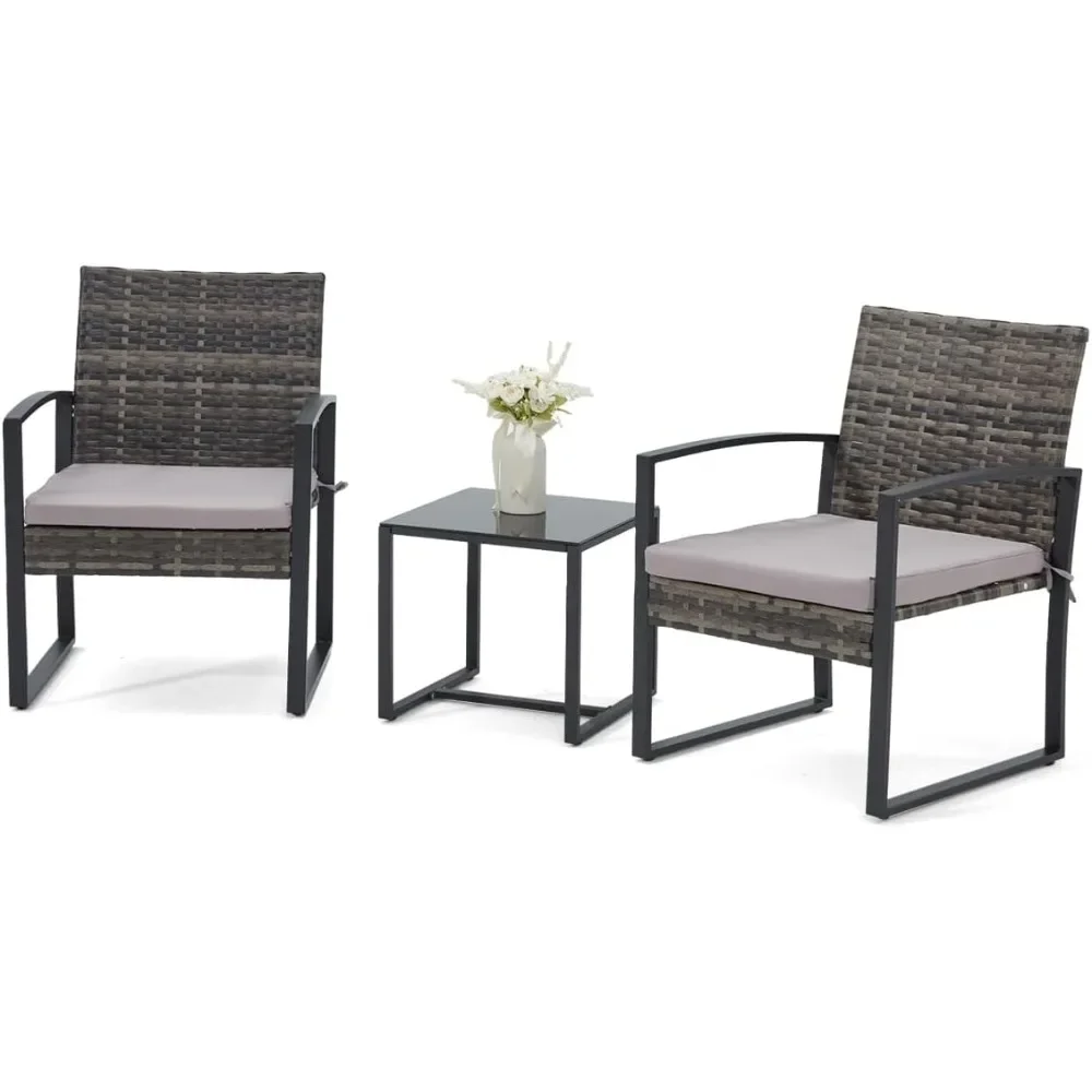 

3 Piece Patio Furniture Set, Outdoor Rattan Bistro Set with Coffee Table, Steel Frame & Strapped Cushions for Garden Use