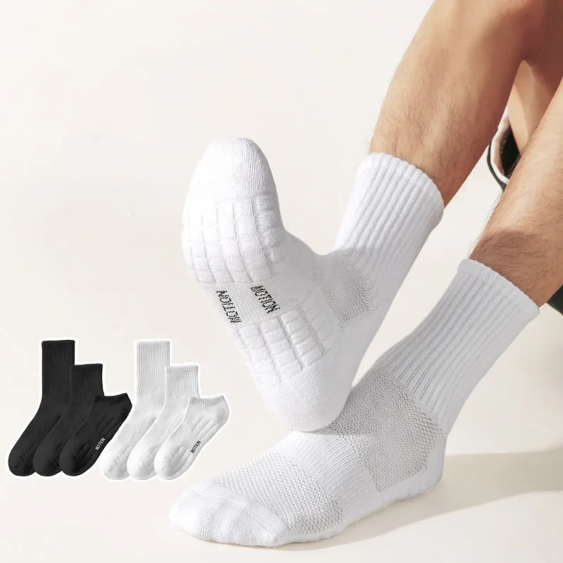 3pcs Spring Summer Cotton Socks for Men Sweat Absorbing Mid Tube Socks Towel Bottom Mesh Breathable Comfortable Sports Socks