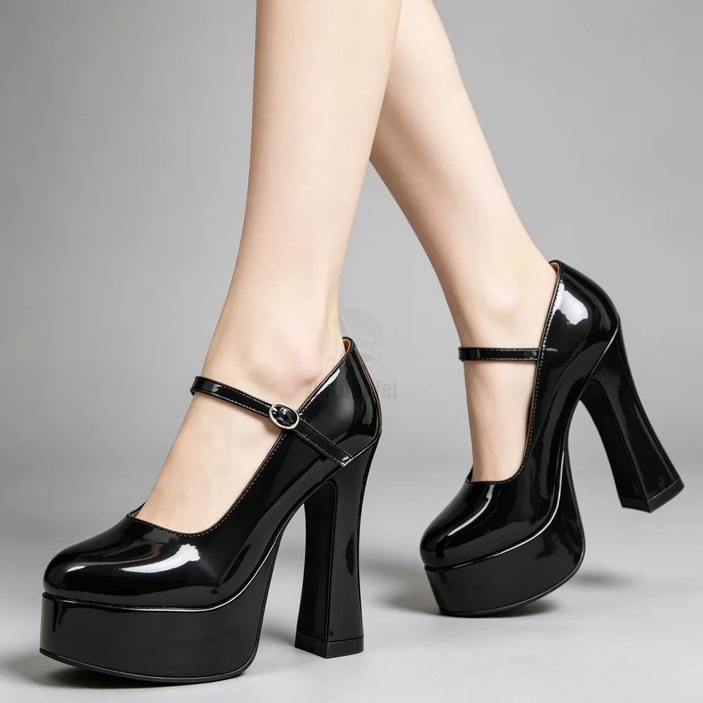 

Black Patent Leather Mary Jane Pumps Ultra High Chunky Heel Platform Round Toe Ankle Strap Buckle Gothic Stage Show Punk High He