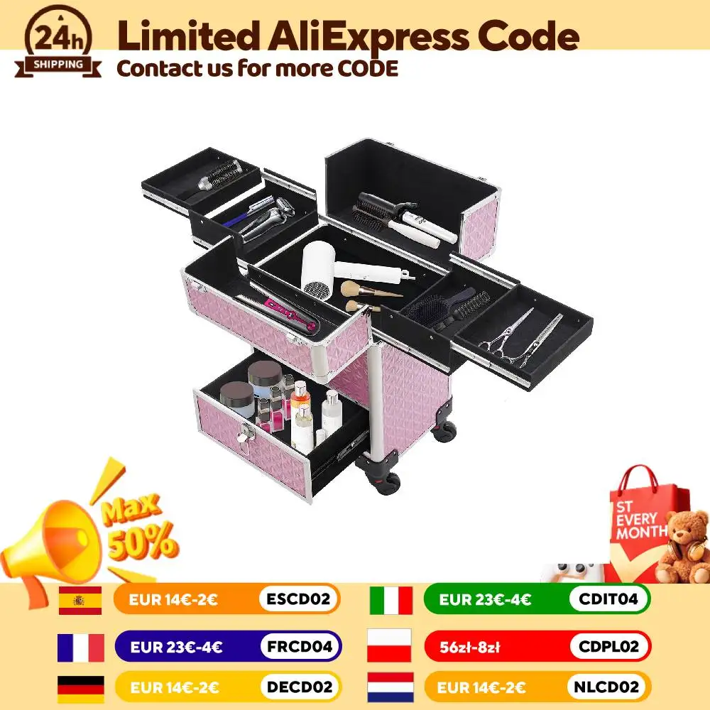 

Rolling Nail Polish Organizer Case with Drawers Portable Makeup Trolley for Nail Technician Cosmetologist Pink Storage Box