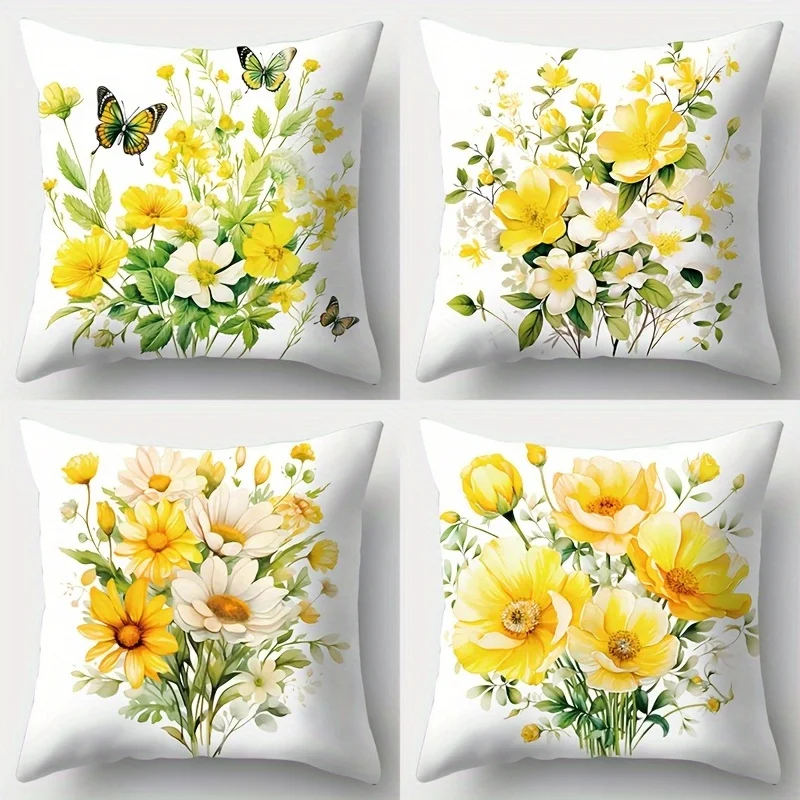 Elegant Floral Watercolor Pillow Cover Set 4 Pack Yellow Sunflower Spring Print Cushion Home Decor Living Room Accessories