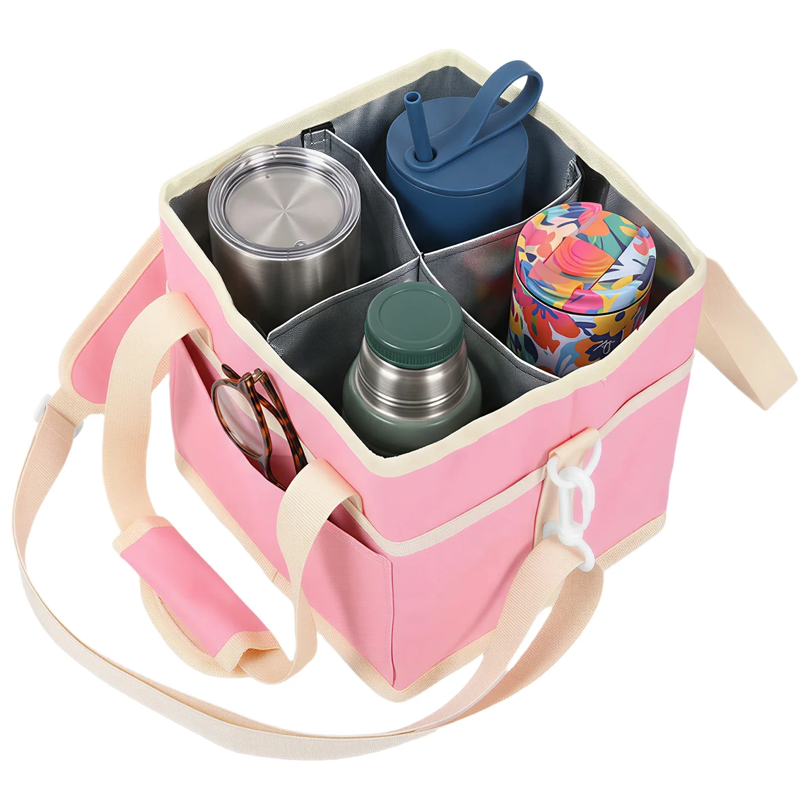 4 Cup Insulated Bag 600D Oxford Cloth Beverage Tote Bag with Front Pocket & Detachable Shoulder Strap Water Bottle Mug Tote Bag