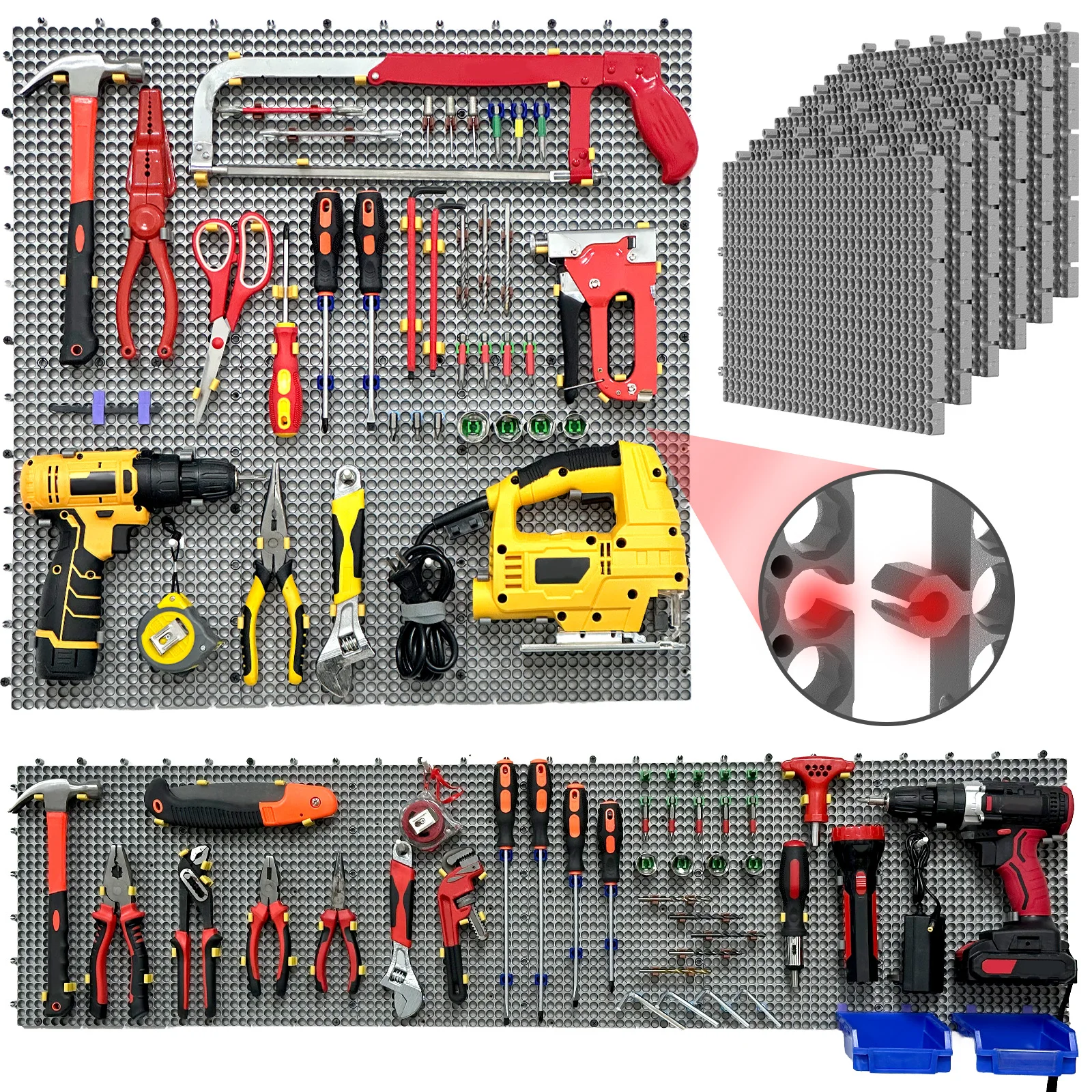Plastic Pegboard wall storage kit, 6panelsgrey  40 x 91cm, 200accessories, hooks, clips, and boxes, modular tool storage board