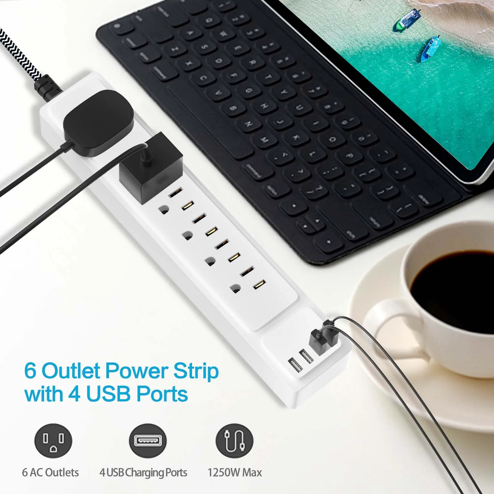 HITRENDS US multi-plug power strip  1250W 125V 10A with 6 AC outlets 4 USB ports fast charging outlet 10 feet extension cable