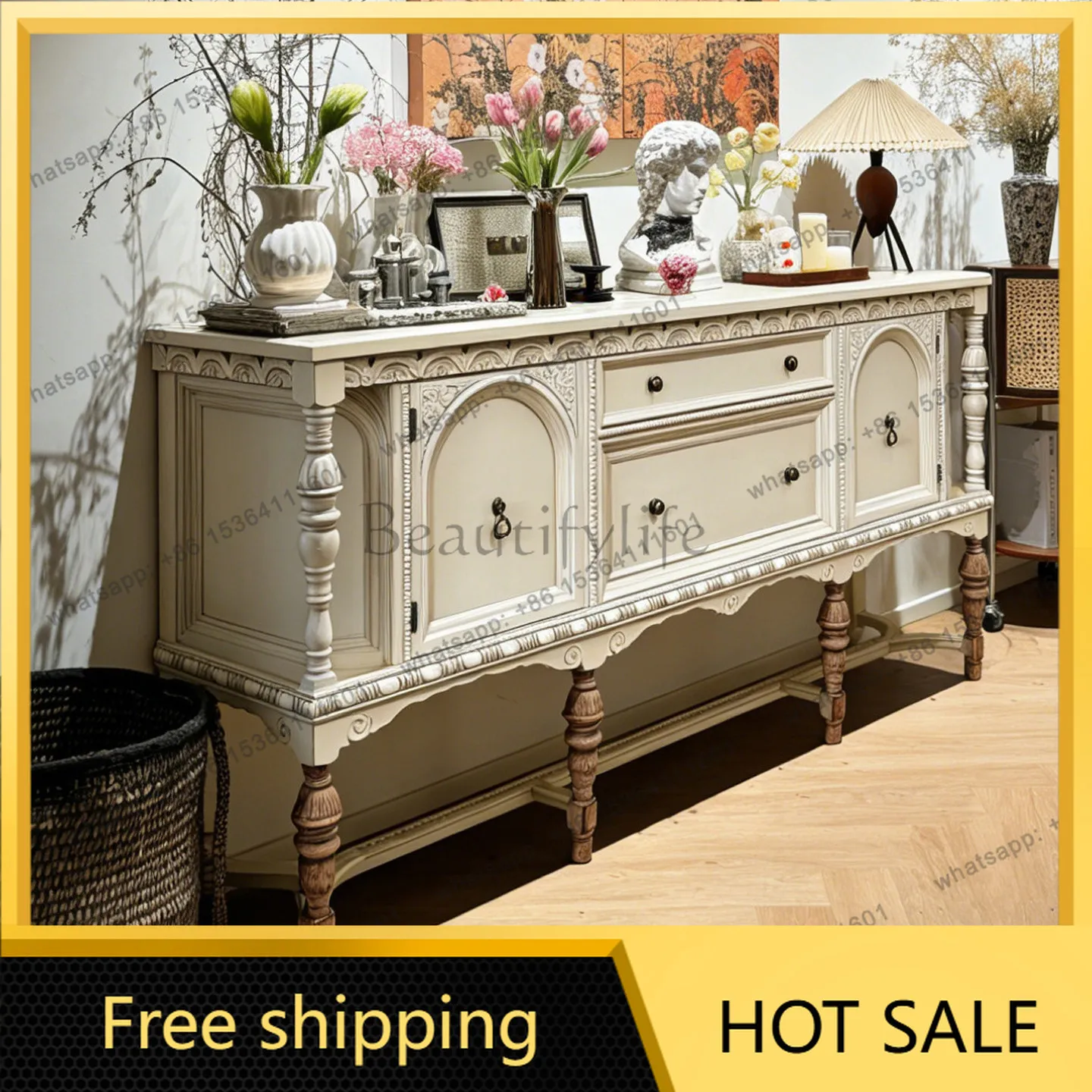 Factory Direct French retro solid wood carving flower entrance cabinet villa living room light luxury  dining side cabinet