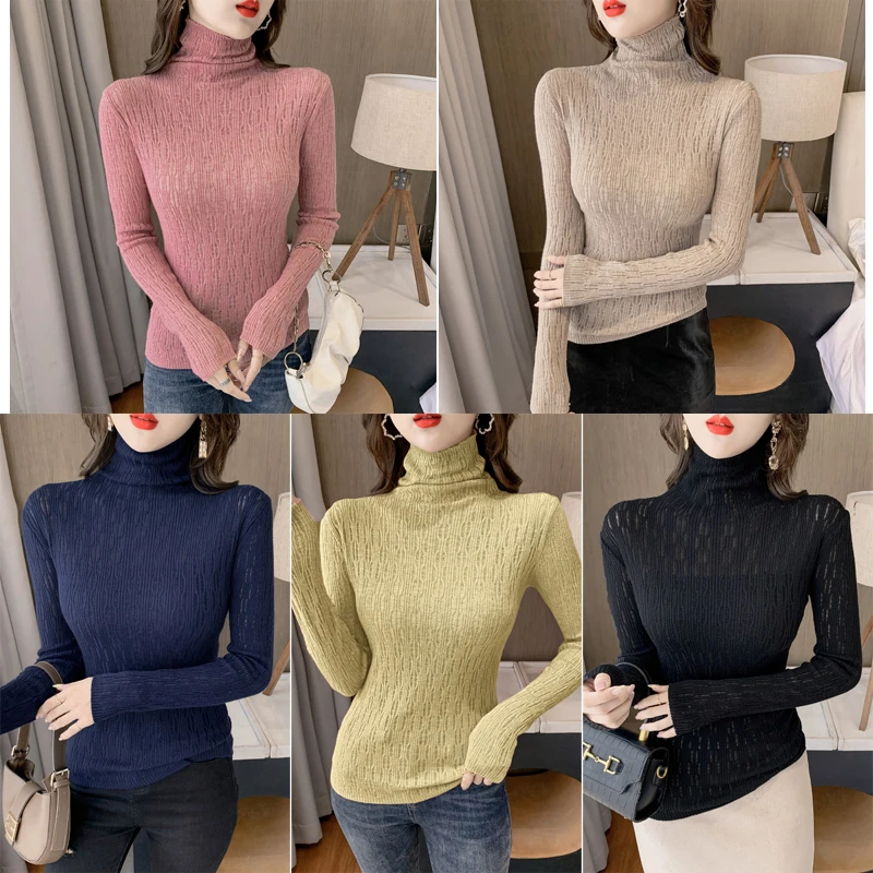 Winsleter Elegant Basic Clothes Sweater Long Sleeve Pullover Autumn Winter Women Turtleneck Hollow Out Knit Tops T30442JC