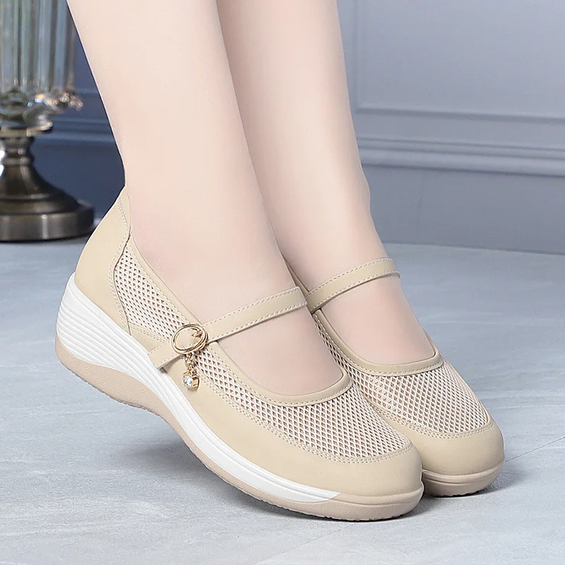 

Black Breathable Mesh Mary Jane Shoes With Wedge Heel Adjustable Buckle Strap Round Toe Comfortable Casual Mom Shoes For Daily