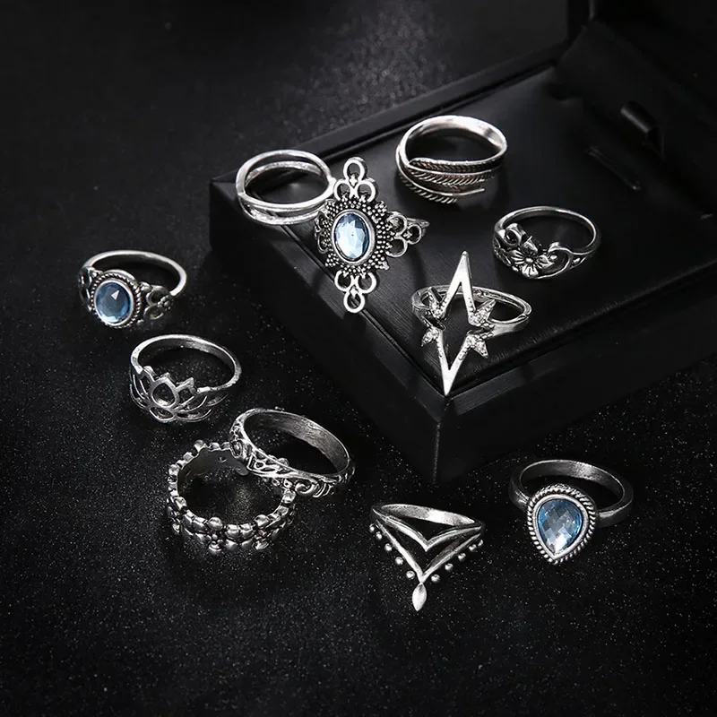 Geometry Retro Rings for Women Boho Inlaid Zircon Carved Starry 11/Pcs Rings Set Jewellery Accessories Wholesale Anillos