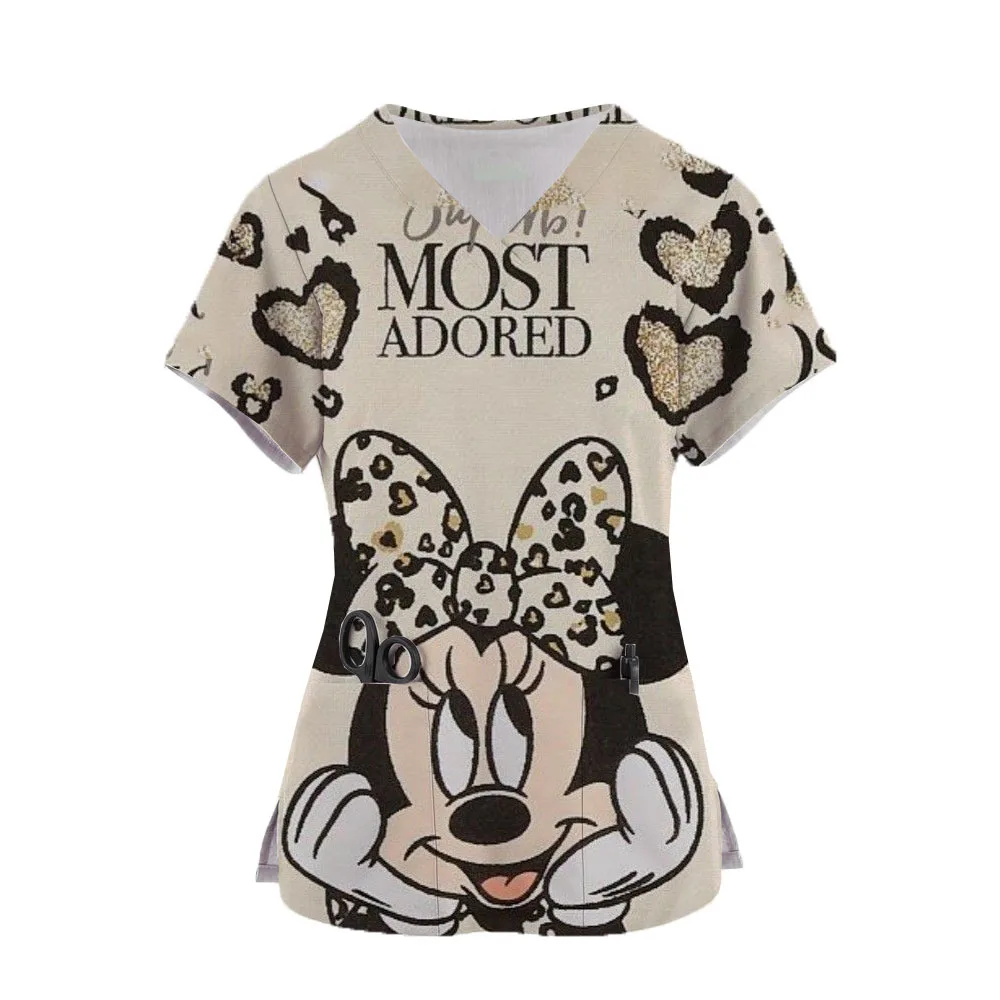 

Women Nurse Uniform Disney Mickey Mouse Print Tops V-Neck Pocket Medical Uniforms Minnie Nursing Scrubs Tops Hospital uniforme