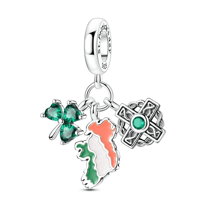 925 Sterling Silver Ireland Map Charms Bead CZ Zirconium Dangle Fit Original Bracelet DIY Women Jewelry Gift