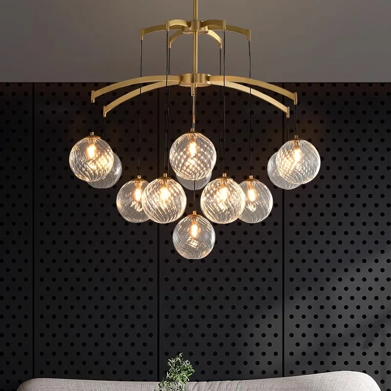 All Copper Living Room Pendant Light Modern Staircase Glass Ball Dining Room Light Bedroom Creative Magic Bean Designer Light