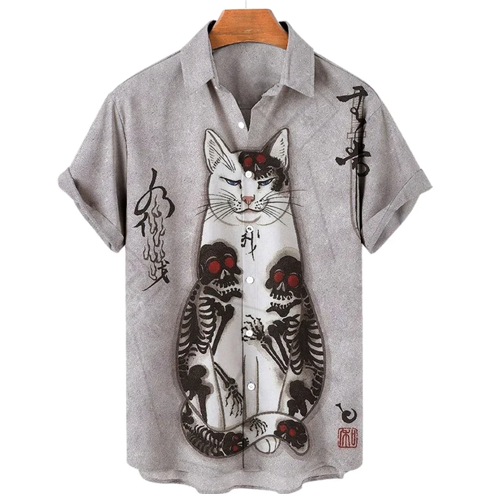 New Style Men\'s Hawaiian Shirts 3D Prints Vintage Cool Samurai Cat Graprhics Shirts Harajuku Men\'s Short Sleeve Tee Tops Summer