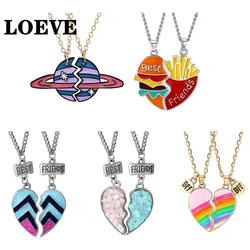Fashion Best Friends Necklaces Sequin Heart Broken Stitching Pendant Chain BFF Friendship Jewelry Gifts for Girls Women 2Pcs/set