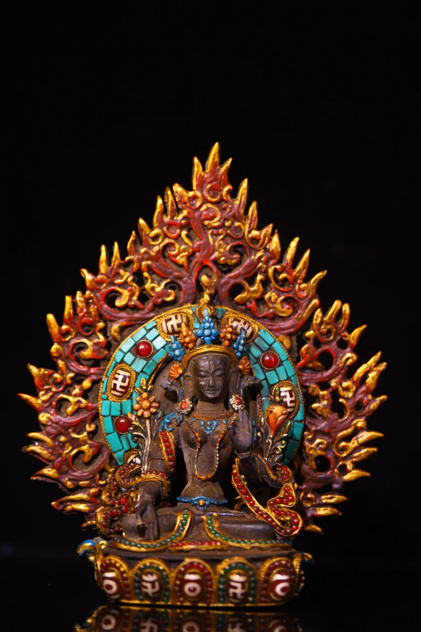 Nepalese Temples Old Bronze Painted Mosaic Gem gZi Beads Turquoise Green Tara Flame Backlight Buddha Terrace Sitting Buddha