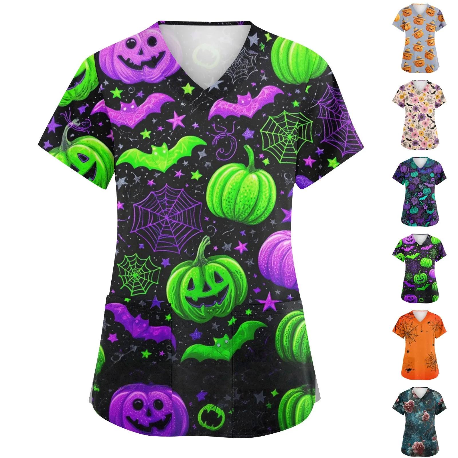 Uniformes médicaux pour femmes, uniformes chirurgicaux dentaires imprimés d'halloween, col en V, manches courtes, gommages noirs, uniforme médical pour femmes