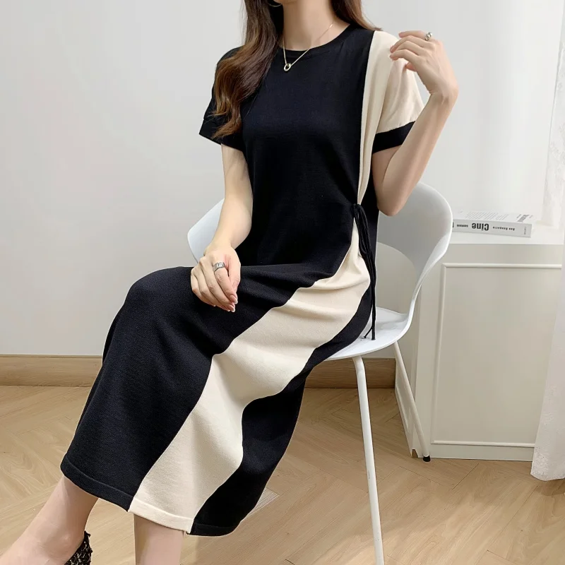 

Long Dressesfor Women 2023 Minimalism Women's Summer Offical Lady O-Neck Patchwork Belt Short Sleeve Womens Knitted Long Dress