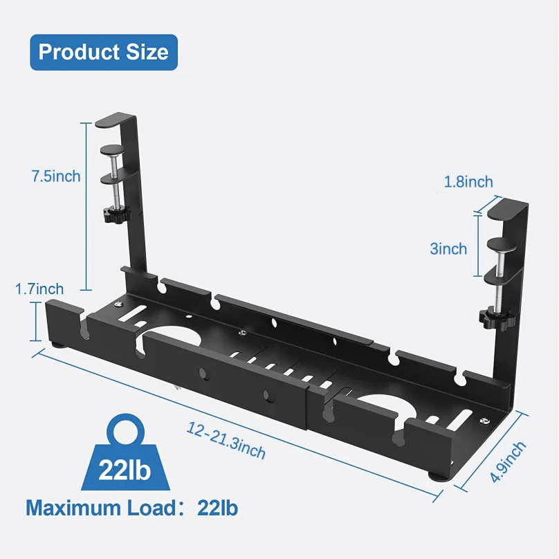 No Drilling Extendable Under Desk Cable Management Metal Cable Tray Under Desk With Clamp Retractable Power Strip Cord Holder - view 6