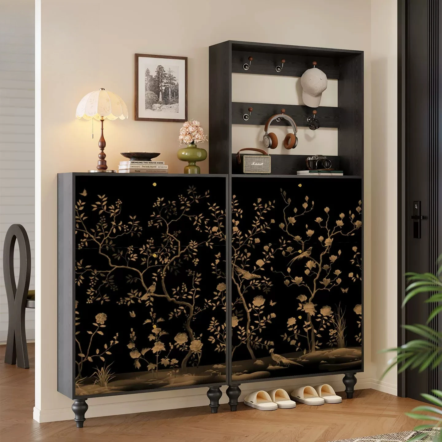 Medieval black gold flower and bird solid wood tipping bucket shoe cabinet, ultra-thin shoe cabinet at the door of the home