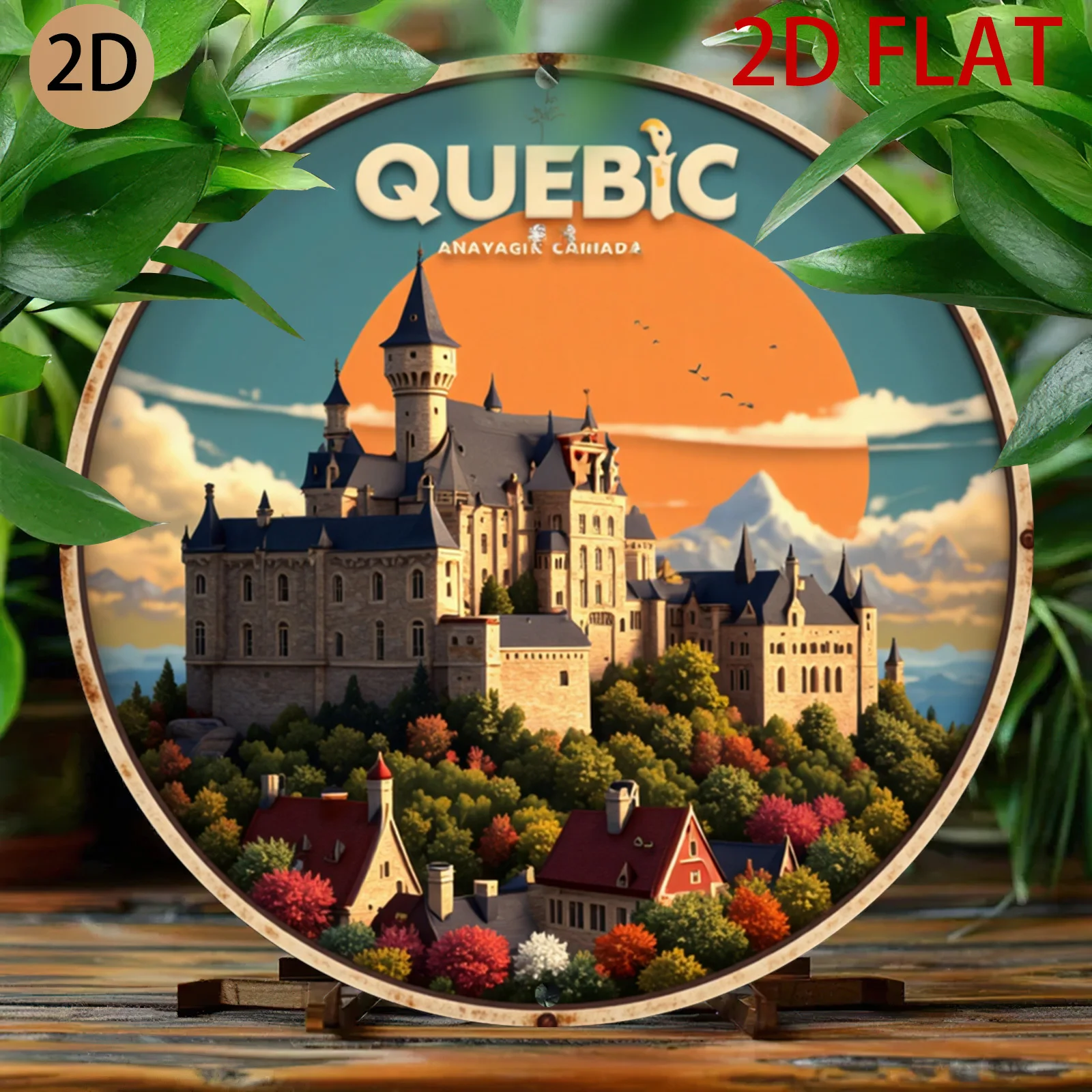 2D Flat Vintage Metal Sign Quebec Castle Scenic Travel Poster Round Wall Art Decor for Home Bar Cafe Patio Outdoor Area