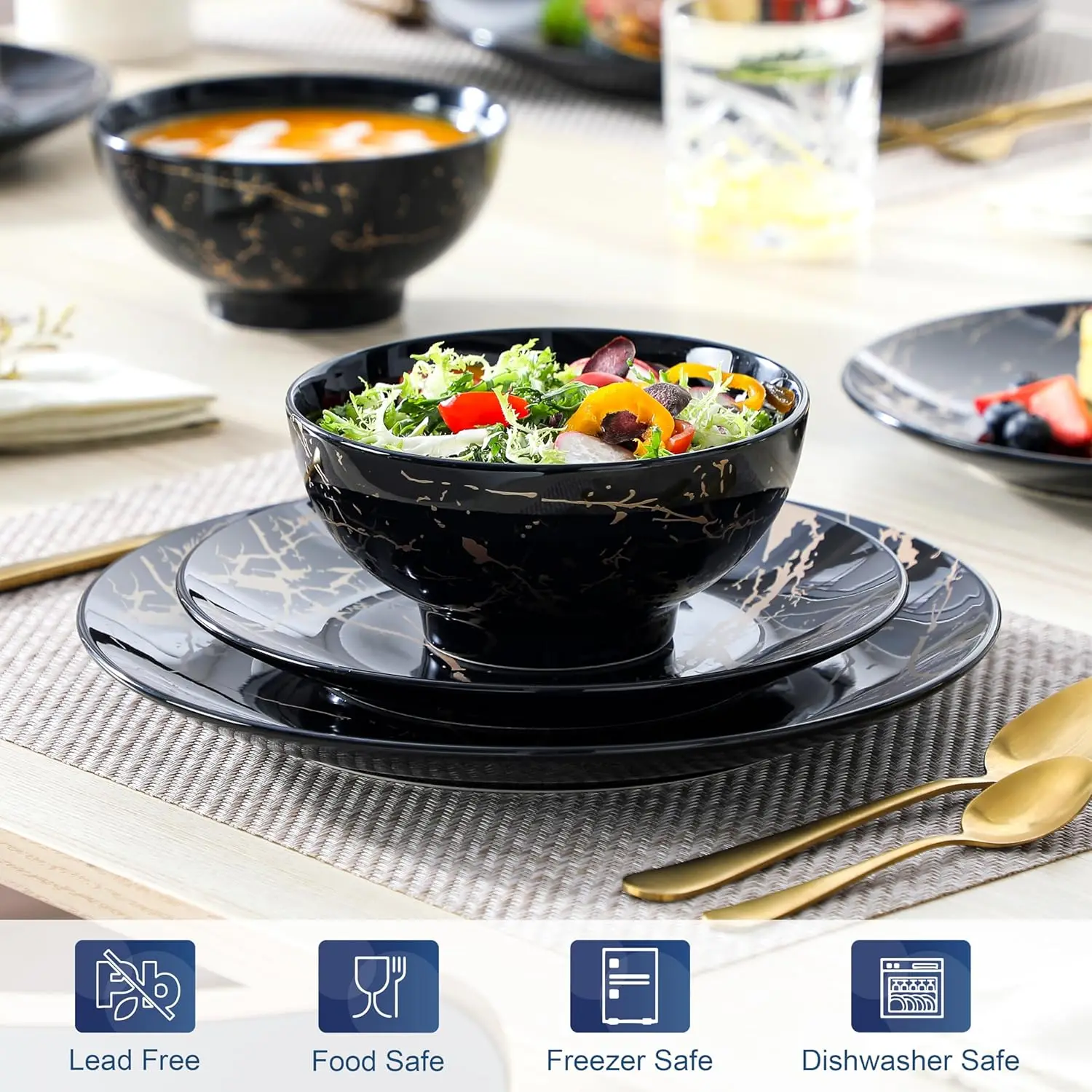 طقم أطباق وأوعية مكون من 4 قطع، طقم أواني طعام بورسلين 12 قطعة، طقم أطباق باللونين الأسود والذهبي، أطقم أطباق ذهبية، غسالة أطباق #4