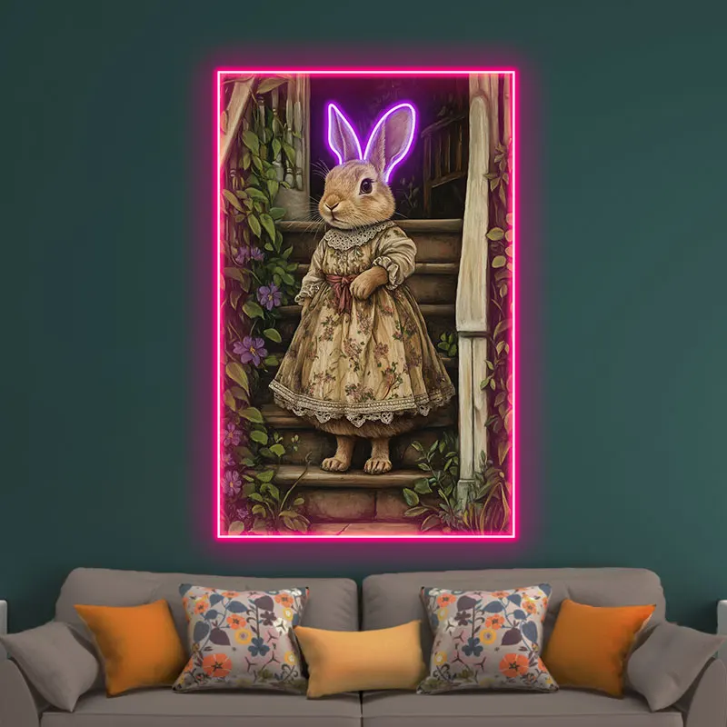 Toysign Stile vintage Coniglio Wall Art Luce al neon, Poster di animali carini per l'arredamento della camera dei bambini, Design di abiti floreali, Regalo perfetto