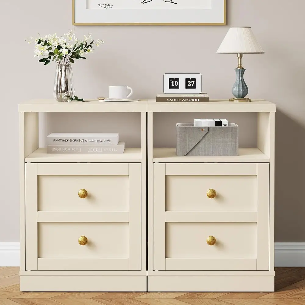 

Pair of Beige Nightstands, Compact End Tables with Storage Shelf and Door, Dual Drawer Design Side Tables for Bedroom or Dorm, W