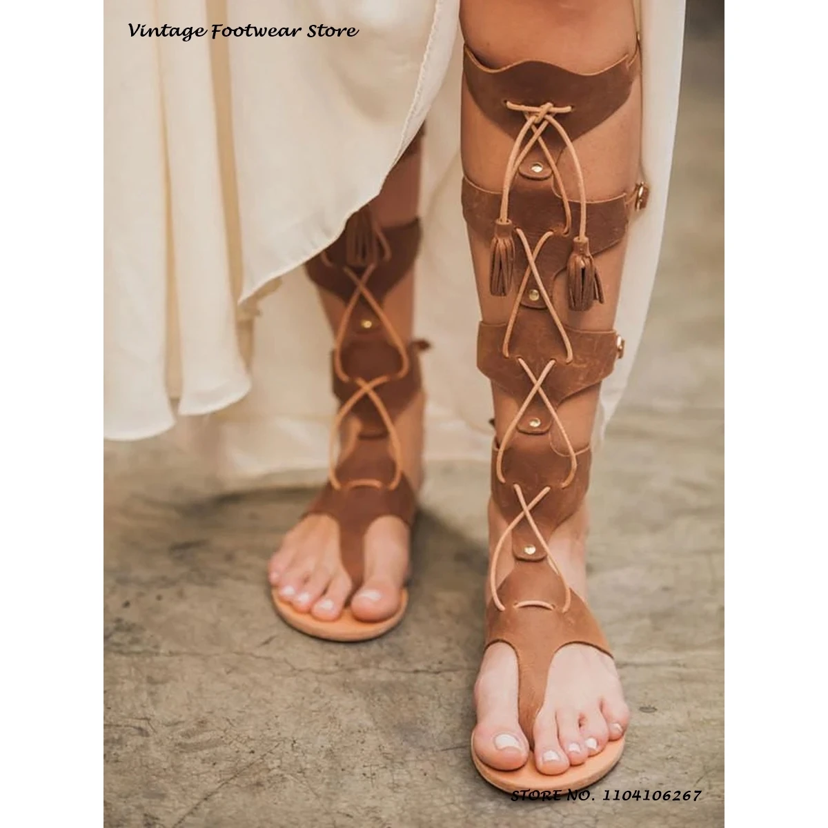 

Retro Flat Tassel Gladiator Sandals Bohemian Style Round Open Toe Casual Shoes Women's Summer Buckle Strap Beach Vacation Shoes