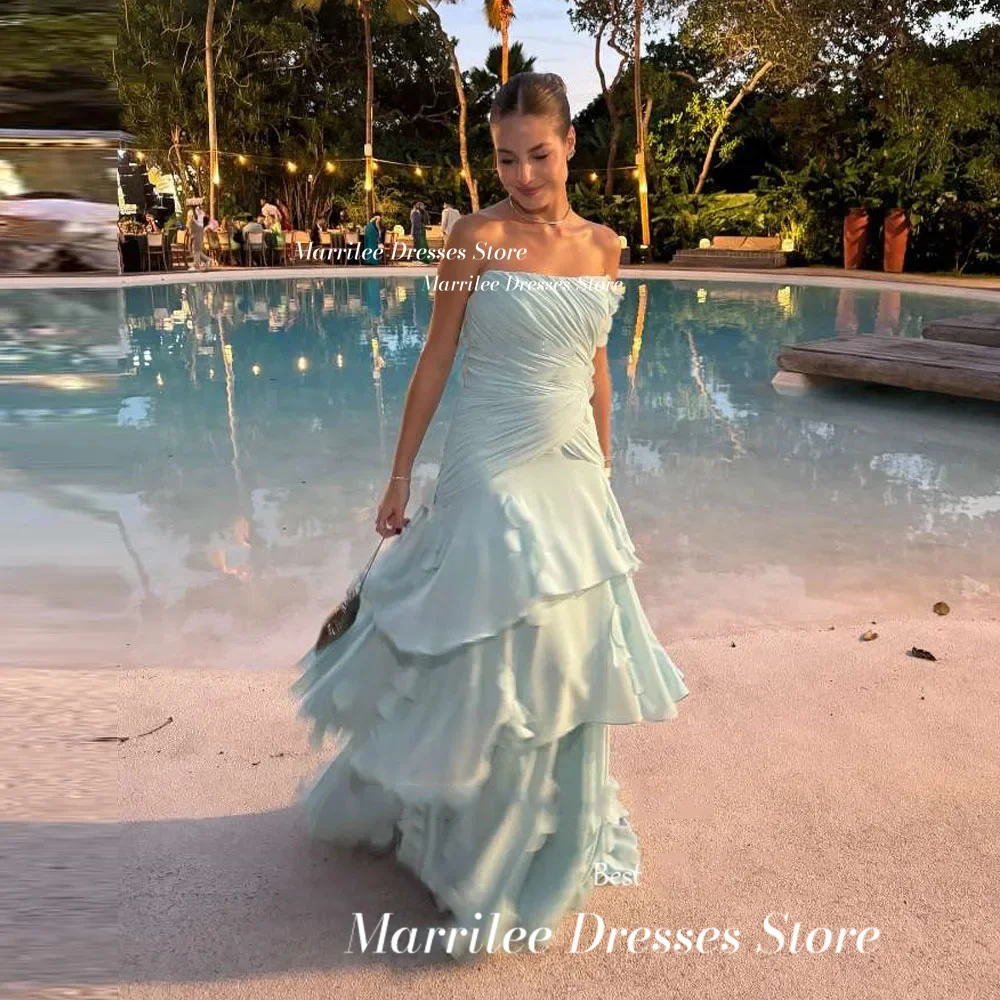 Marrilee Elegant Strapless Light Green A-Line Tiered Evening Dress Exquisite Pleated Floor Length Sleeveless Backless Prom Gowns