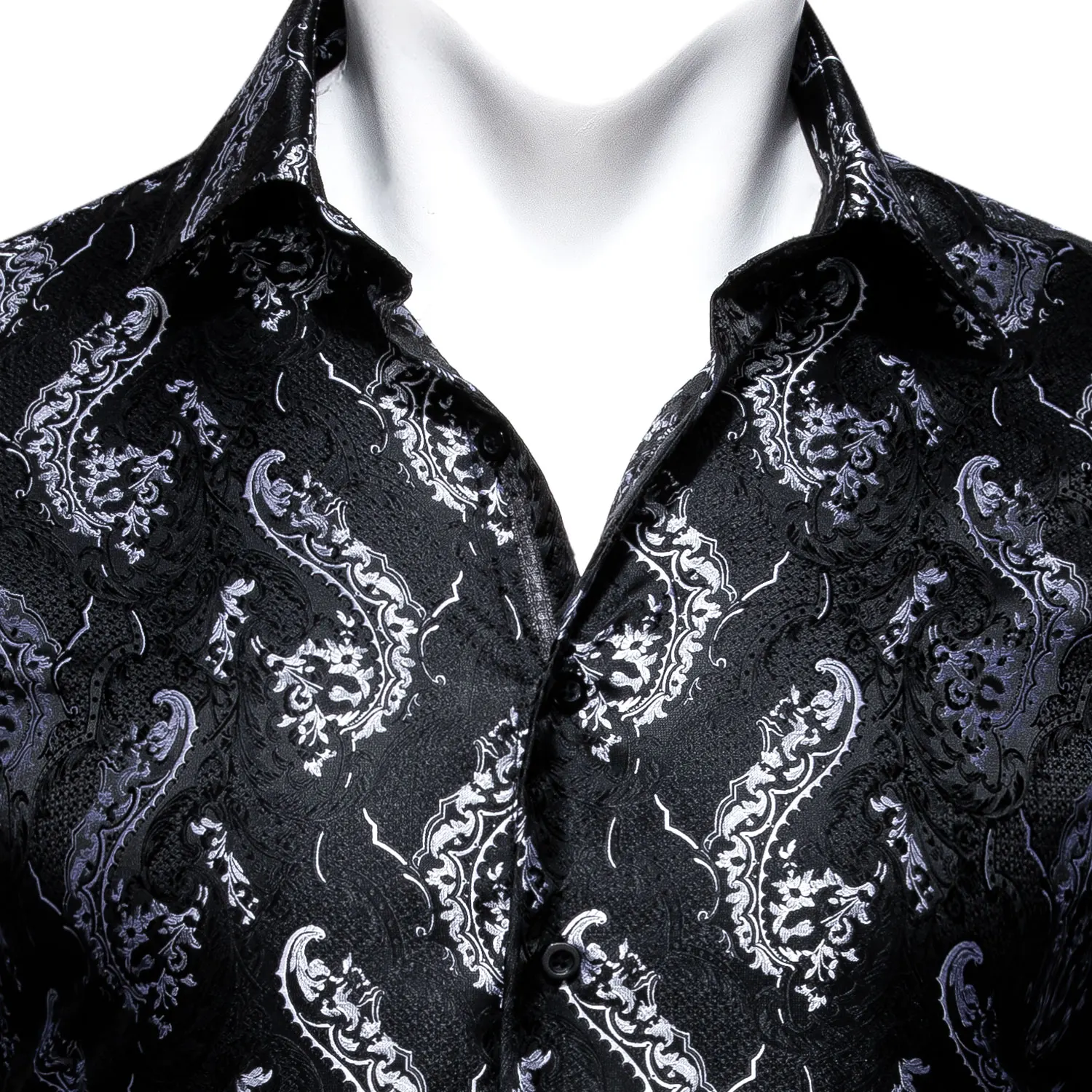 Classic Black Printed Embroidered Shirts for Men Silk Lapel Long Sleeve Exquisite Formal Fit Business Party Barry.Wang CY-0407