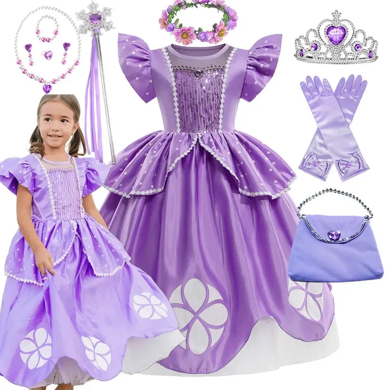 Vestido de princesa pequeña de Disney, vestido de fiesta de Sofía de cumpleaños elegante para niñas, corpiño de lentejuelas, disfraz de Carnaval de manga voladora