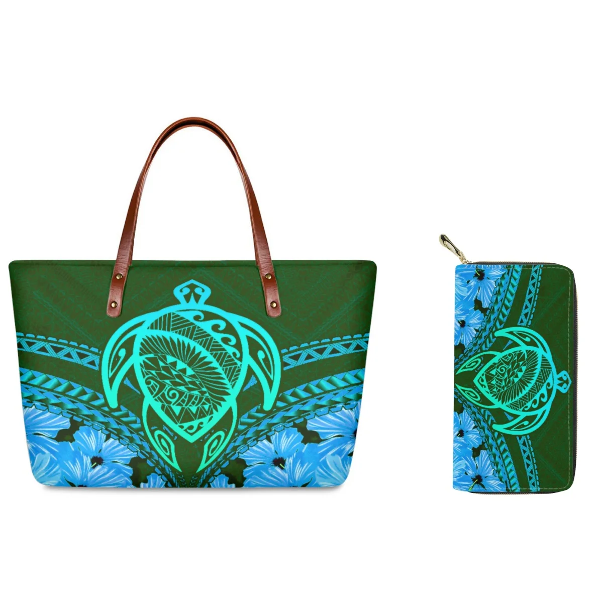 

FORUDESIGNS Blue Green Gradient Tote Bag Set Tribal Tattoo Pattern Sea Turtle Uniquely Designed Wallet Handbag Combination