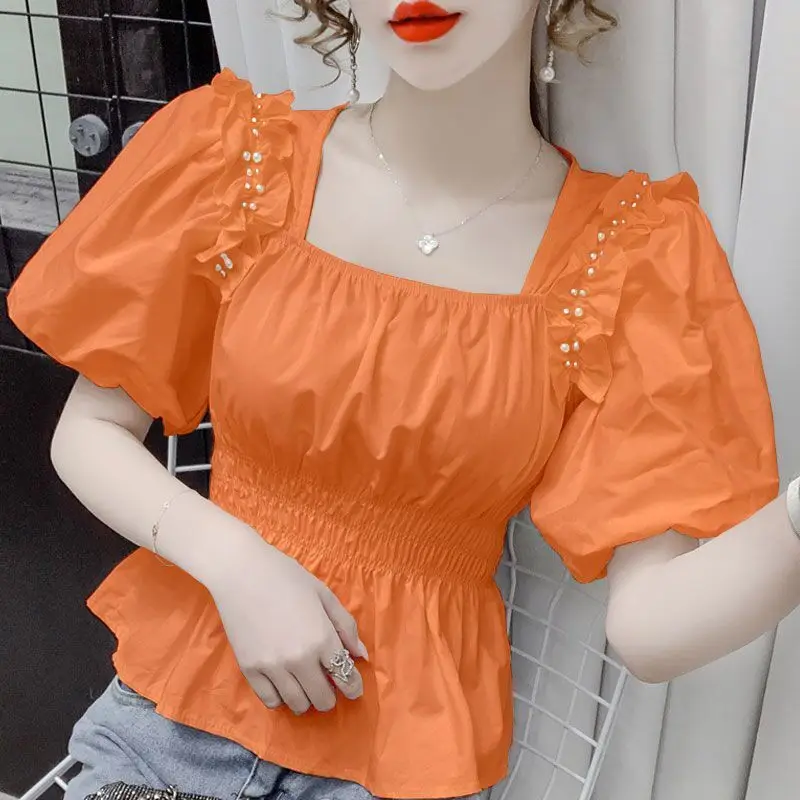 Summer New French Tighten the Waist Fashion Short Sleeve T-shirt Women Solid Square Neck Pearl Folds Chiffon Bubble Sleeve Tops