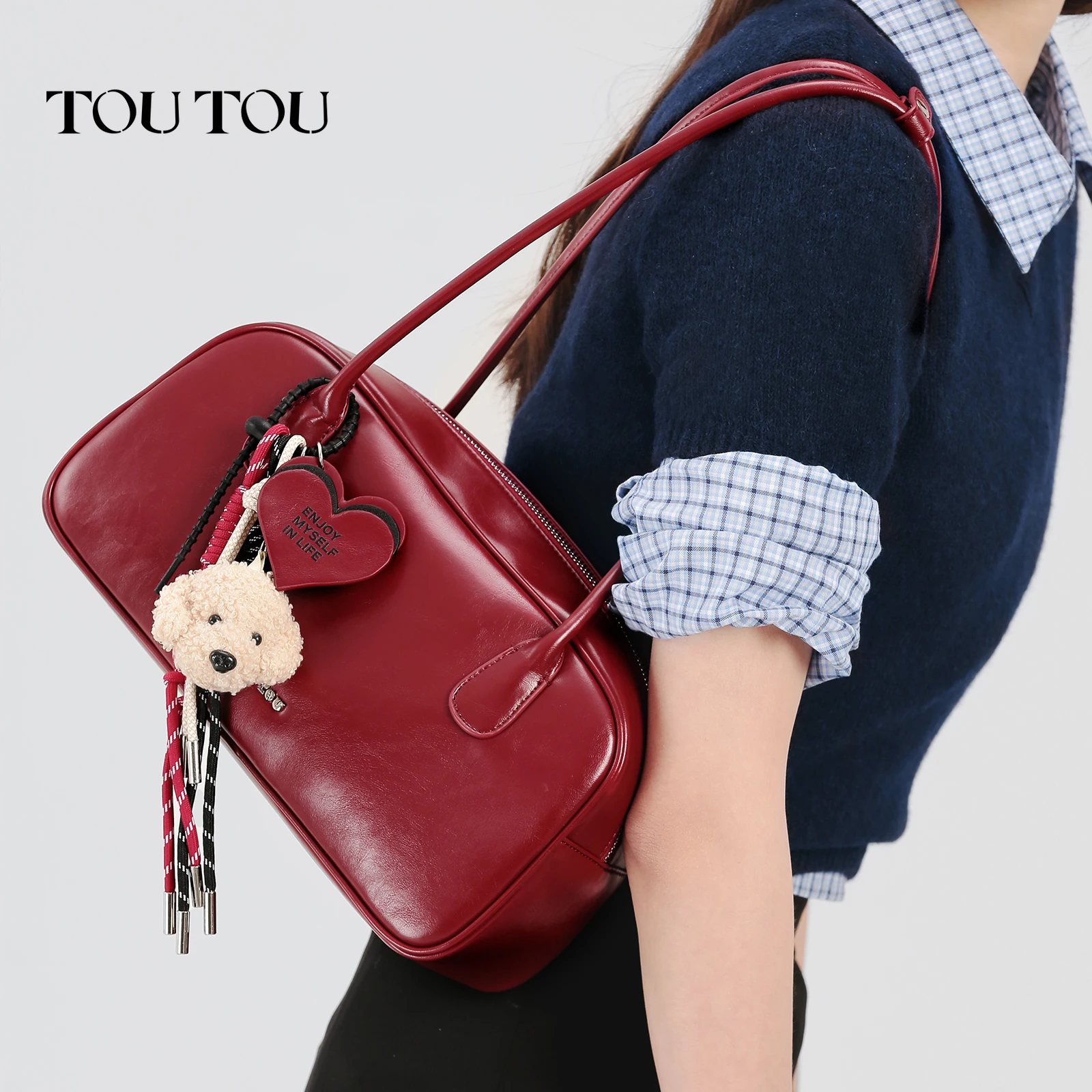 TOUTOU Red Bowling Bag for Women Dog Rope Pendent Boston PU Underarm Handbag 25cm Shoulder Strap 8.3 Inch Laptop Valentine Gift