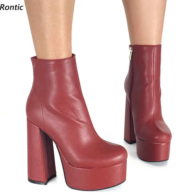 

Rontic 2021 Winter Handmade Women Platform Ankle Boots Block Heels Round Toe Gorgeous Fuchsia Red Pink Party Shoes US Size 5-15