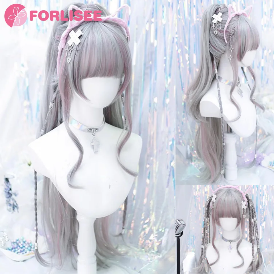 วิกผมสังเคราะห์ลอนยาวหยักศกโลลิต้ากับวิกผมหน้าม้าน่ารักเด็กผู้หญิงฮาราจูกุสีฟ้าม่วงชมพูคอสเพลย์ปาร์ตี้ฮาโลวีน