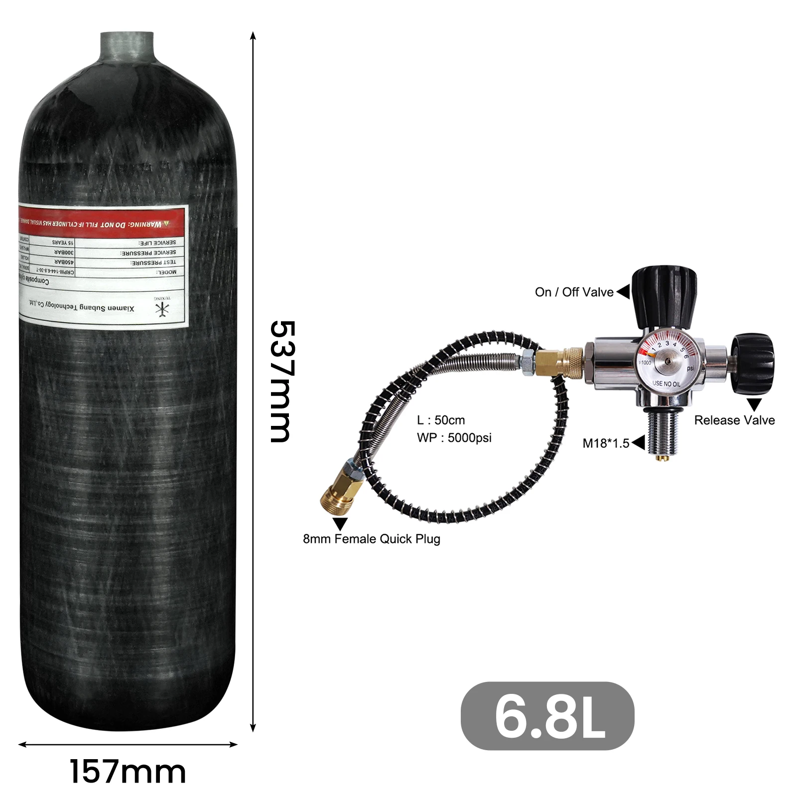 TUXING 300Bar 6.8L Carbon Fiber Cylinder with Regulating Valve HPA Tank 4500psi High Pressure Cylinder for Scuba Diving M18*1.5