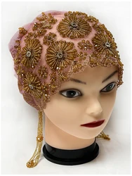 2026 Fashion Head Cover Mesh Fabric Hand-Embroidered Hanging Beaded String acrylic Hats Dubai New Muslim Arabic Worship Hat