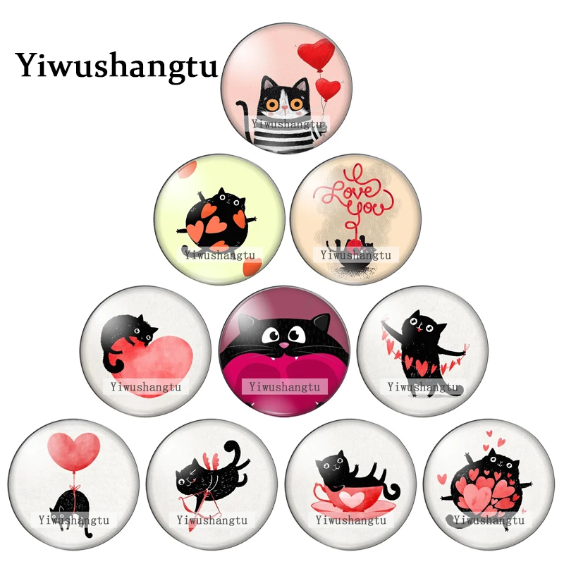 Cartoon Black cute Cats animal  Art Paintings 12mm/18mm/20mm/25mm Round photo glass cabochon demo flat back Making findings