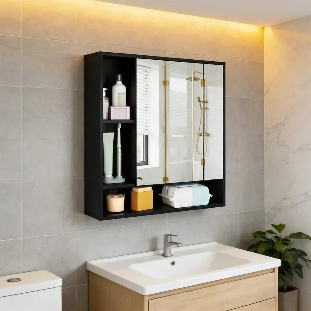 

Mounted Bathroom Cabinet With Mirror Single Door 3Position Adjustable Shelf Hidden And Open Storage For The Bathroom, Living Ro
